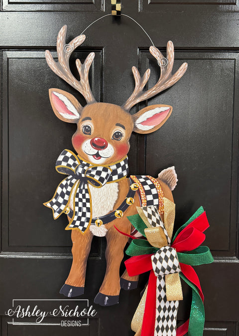 Elegant Checkered Christmas Reindeer - Door Hanger (UV Printed)