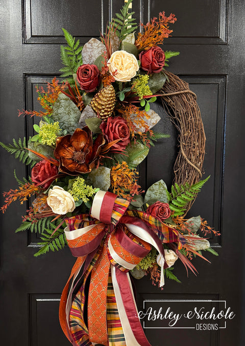 Fall Magnolia & Wine Roses Wreath