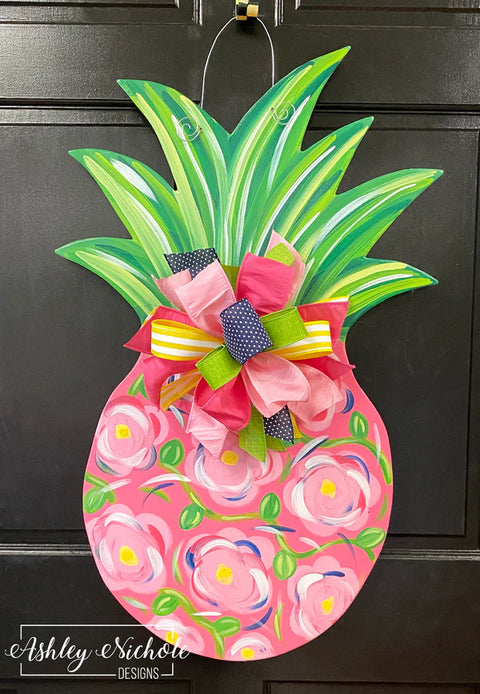 Pineapple - Pink Floral - Door Hanger (HAND PAINTED)