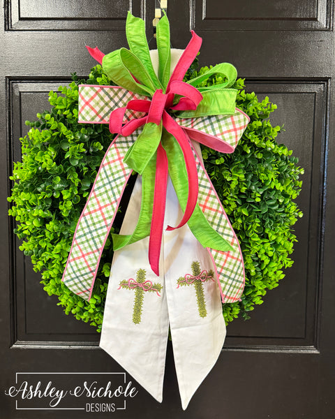 Cross Sash Bow Eucalyptus ROUND Wreath - 24"- UV Protected