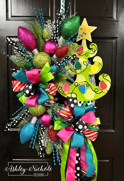 READY-to-SHIP ~ Christmas Tree Wreath - Colorful & Funky