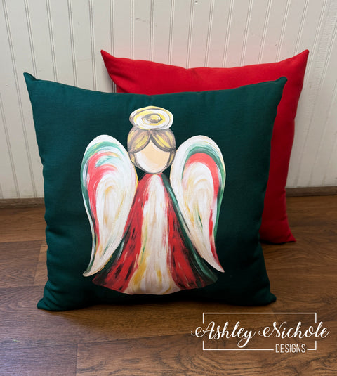 Custom Pillow - Joyful Christmas Angel  - on Forest Green Outdoor Fabric