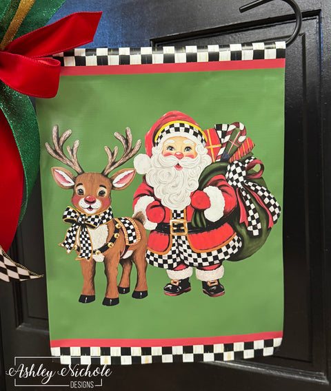 Elegant Checkered Christmas Santa & Reindeer - Vinyl Garden Flag