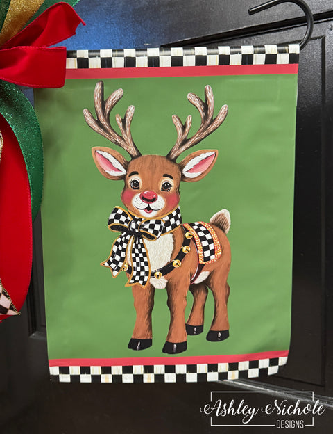 Elegant Checkered Christmas Reindeer - Vinyl Garden Flag