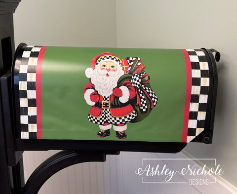 Elegant Checkered Christmas Santa - Magnetic Vinyl Mailbox Cover