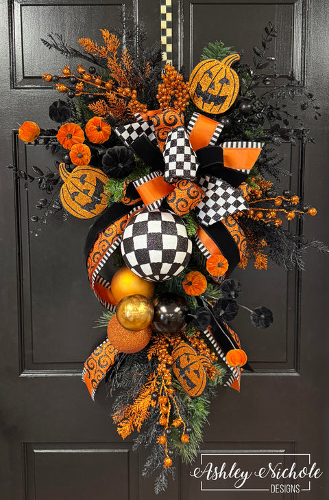 Checkered Glam Jack-O-Lantern Swag