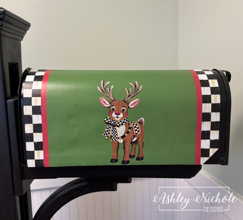 Elegant Checkered Christmas Reindeer - Magnetic Vinyl Mailbox Cover