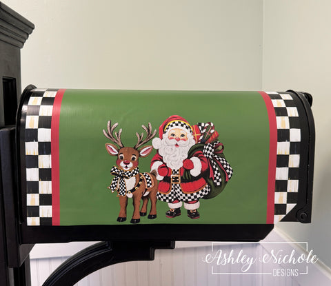 Elegant Checkered Christmas Santa & Reindeer - Magnetic Vinyl Mailbox Cover
