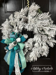 30" Snowed Pine Cone & Mixed Pine Wreath - Blue Winter Tones Bow