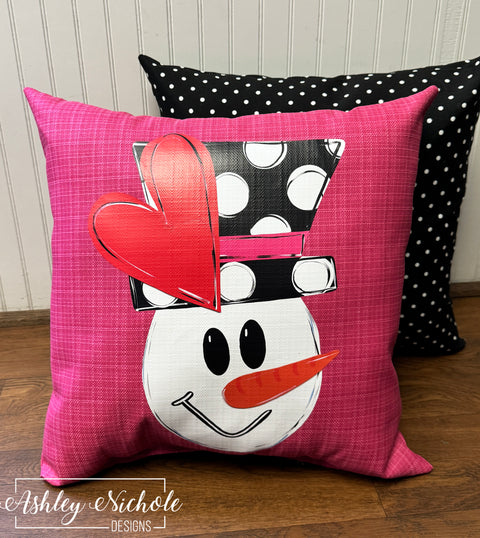 Custom Pillow - Large Hat Snowman (HEART) on Jazz Pink Outdoor Fabric