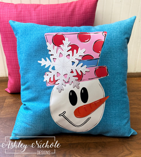 Custom Pillow - Large Hat Snowman (SNOWFLAKE) on Hawaii Blue Outdoor Fabric