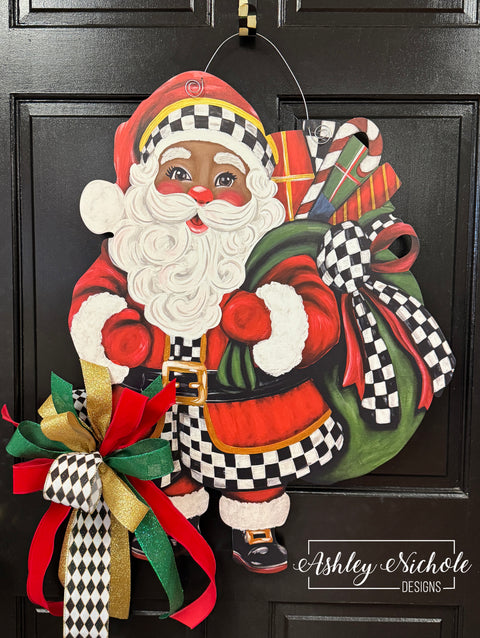 Elegant Checkered Christmas Black Santa - Door Hanger (UV Printed)
