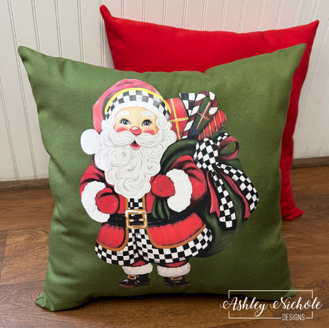 Custom Pillow - Elegant Checkered Christmas Santa  - on Olive Outdoor Fabric
