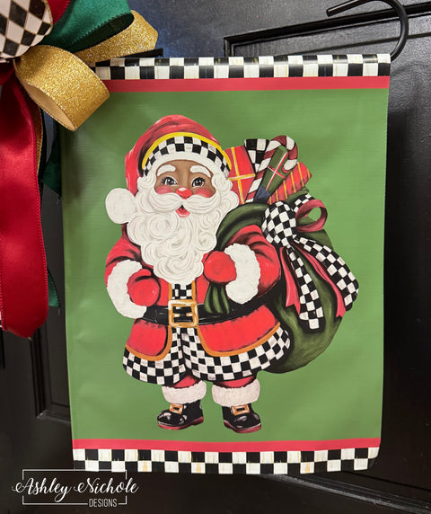 Elegant Checkered Christmas Black Santa - Vinyl Garden Flag
