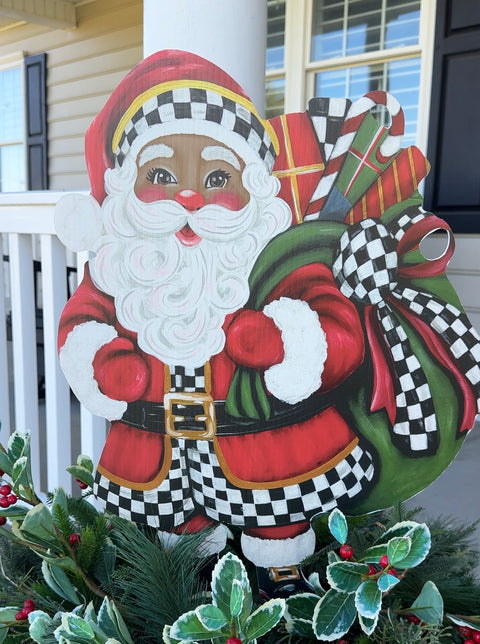 Elegant Checkered Christmas Black Santa - Christmas Corrugated Coroplast Yard Stake