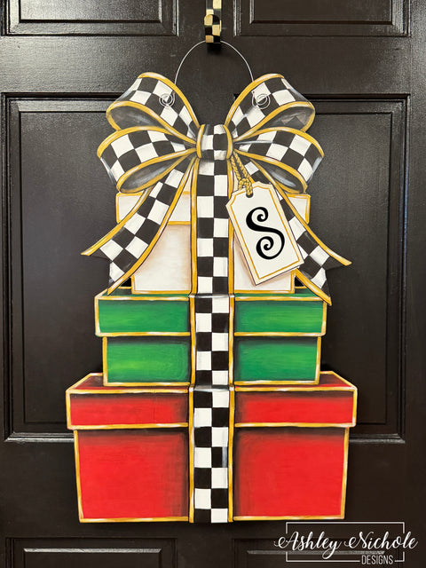 Elegant Checkered Christmas Gift Stack - Door Hanger (UV Printed)