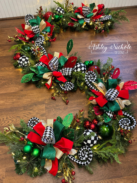 Garland - UNLIT or LED LIGHTED - Elegant Checkered Christmas - 9' Long