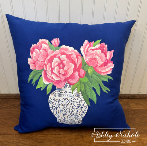 Custom Pillow - Chinoiserie Peony Blooms on Royal Blue Outdoor Fabric