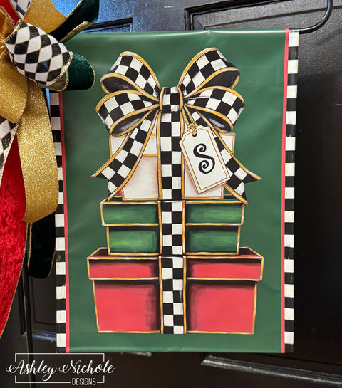 Elegant Checkered Christmas Gift Stack - Vinyl Garden Flag
