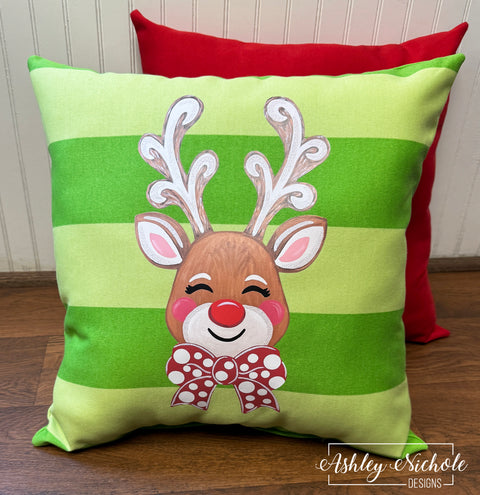 Custom Pillow - Jolly Rudolph Reindeer on Green on Green Outdoor Fabric