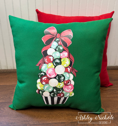 Custom Pillow - Whimsical Christmas Baubles & Bow Tree on Kelly Outdoor Fabric