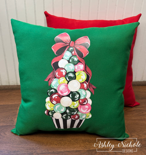 Custom Pillow - Whimsical Christmas Baubles & Bow Tree on Kelly Outdoor Fabric
