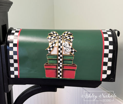 Elegant Checkered Christmas Gift Stack - Magnetic Vinyl Mailbox Cover