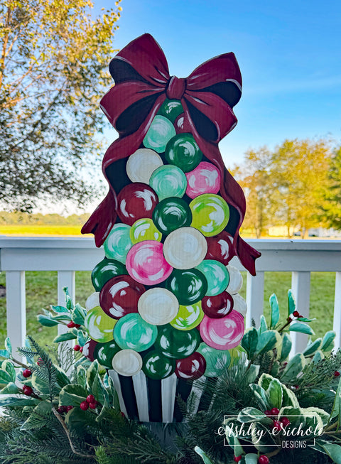 Whimsical Christmas Baubles & Bow Tree  - Christmas Corrugated Coroplast Yard Stake