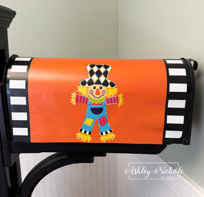 Scarecrow mailbox cover displayed on a standard mailbox.