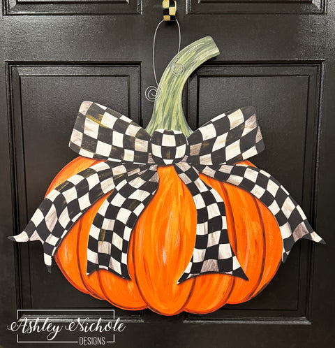 Fancy Bow - CHECKERED - Pumpkin Door Hanger (UV Printed)