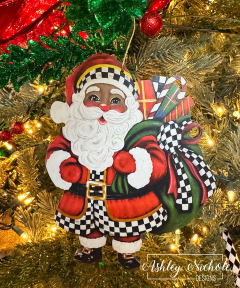 Elegant Checkered Christmas Black Santa - Wooden Christmas Ornament
