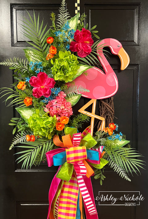 Tropical Flowers & Flamingo Wreath