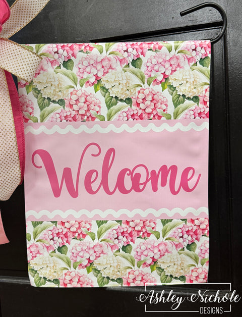 Hydrangea PINK & WHITE Floral Welcome - Vinyl Garden Flag