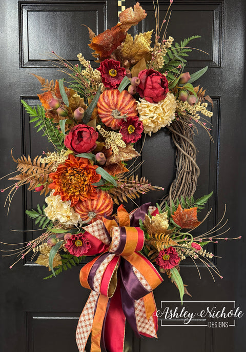 Rustic Reds of Fall Pumpkin Wreath