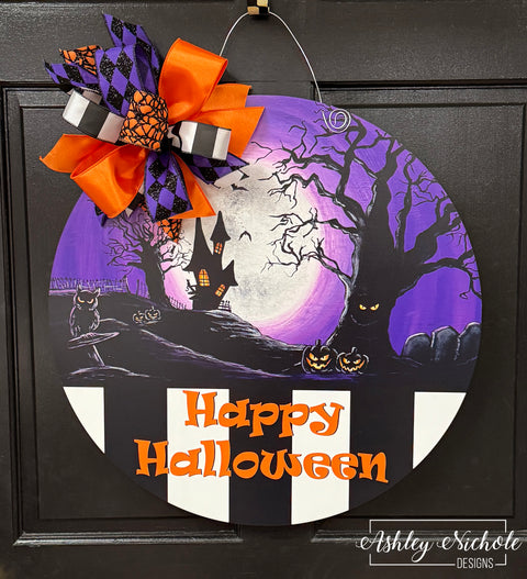 Haunted Spooky House Round Sign Door Hanger (UV Printed)