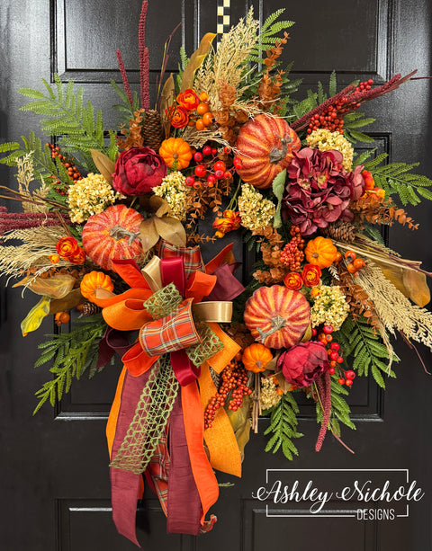 Triple Pumpkins Lush Fall Wreath