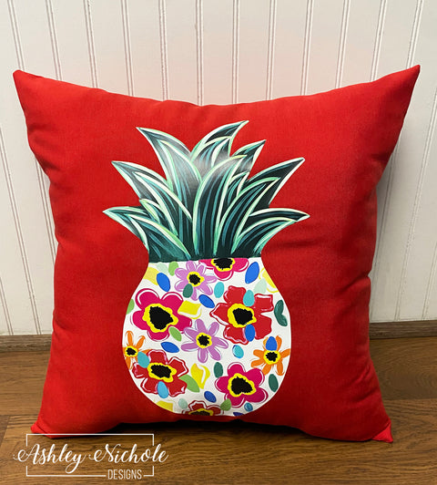 Custom-Pineapple - Bold & Bright Floral Pillow on Red Fabric