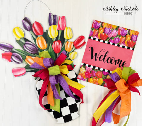 GIFT BOX Combo!! Tulips in Bloom Door Hanger, Vinyl Garden Flag and Small Bow