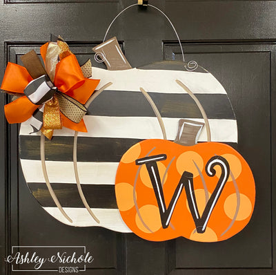 Double Pumpkin - Black Stripe & Orange - Door Hanger (Hand-Painted)