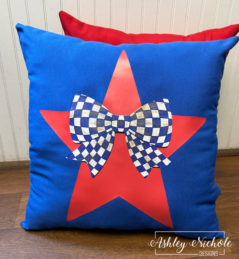 Custom Pillow - Patriotic Fancy Bow Star on Royal Blue Outdoor Fabric