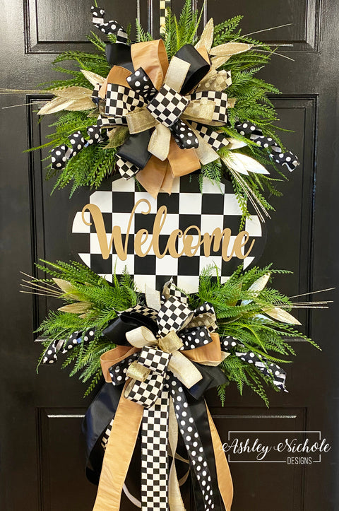 Checkered Welcome Plaque Everyday Wreath - Black & White