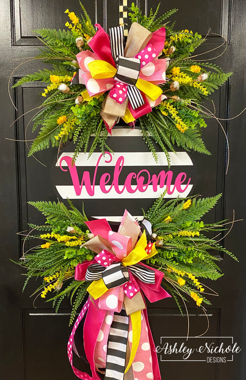 Striped Welcome Plaque Everyday Wreath - PINK & YELLOW