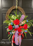 Patriotic Geranium & Florals Round Wreath