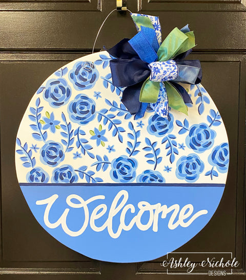 Chinoiserie Floral Welcome Plaque Door Hanger (PRINTED or PAINTED)