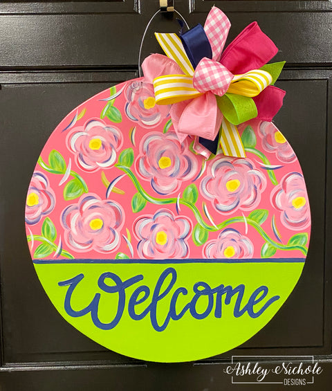 Pink Floral Welcome Plaque Door Hanger (PRINTED or PAINTED)