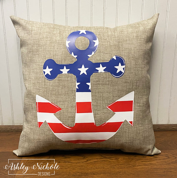 Custom Pillow Patriotic Anchor on Beechwood Tan Outdoor Fabric