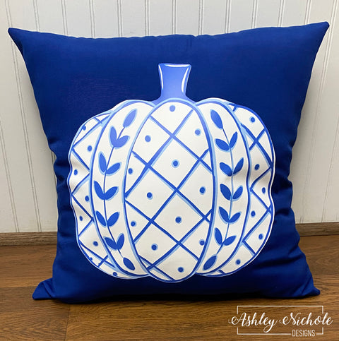 Custom - Chinoiserie Pumpkin Fall Pillow on Royal Blue Outdoor Fabric