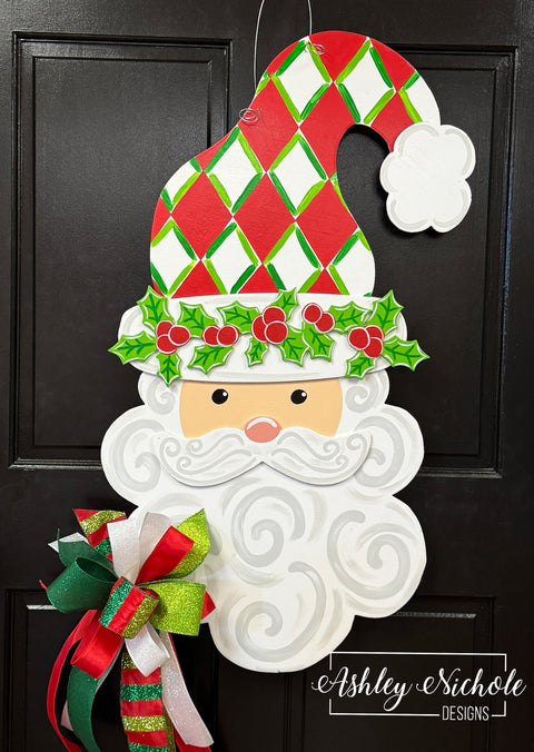 Santa - Holly Jolly Harlequin (RED) - Door Hanger (Hand-Painted)