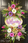 Tulip (Lavender) & Daisy Oval Welcome Sign Wreath