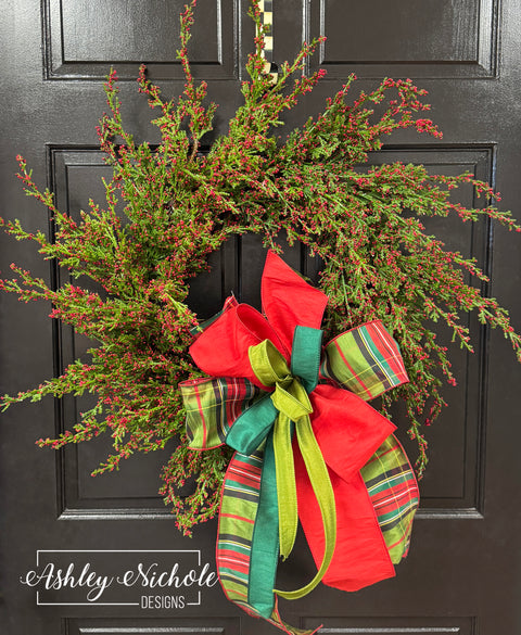 28" Mini Berry/Arborvitae Wreath - Green/Red with Designer Bow